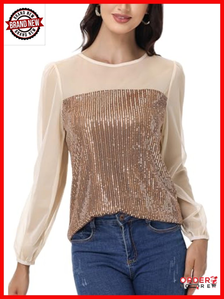 Long Sleeve Sequin Blouse Sheer Mesh Top Sparkly Shirt For Holiday Party